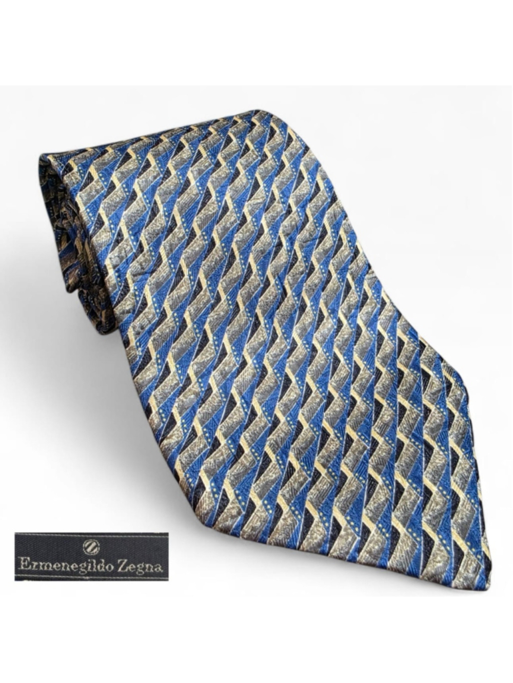 Ermenegildo Zegna Silk Tie Blue Gold Geometric Pattern Italy Designer Luxury